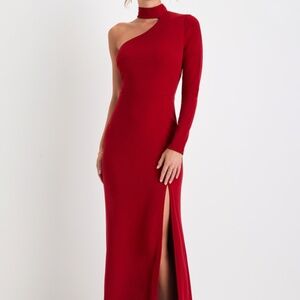 Keep It Interesting Red Cutout One-Shoulder Maxi Dress